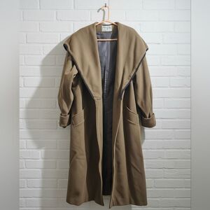 Vintage Long Brown Rope Trim Hooded Shawl Collar Heavy Wool Coat Double Breasted